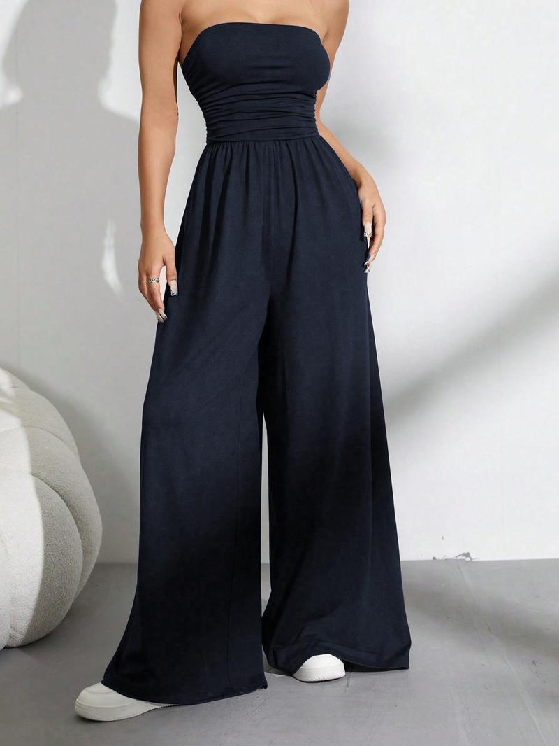 Solid Color Casual Sleeveless Pleated Loose Jumpsuit, Slim-Fitting Ruched Design, Elastic Waist, All Seasons Wear, Organic Textile