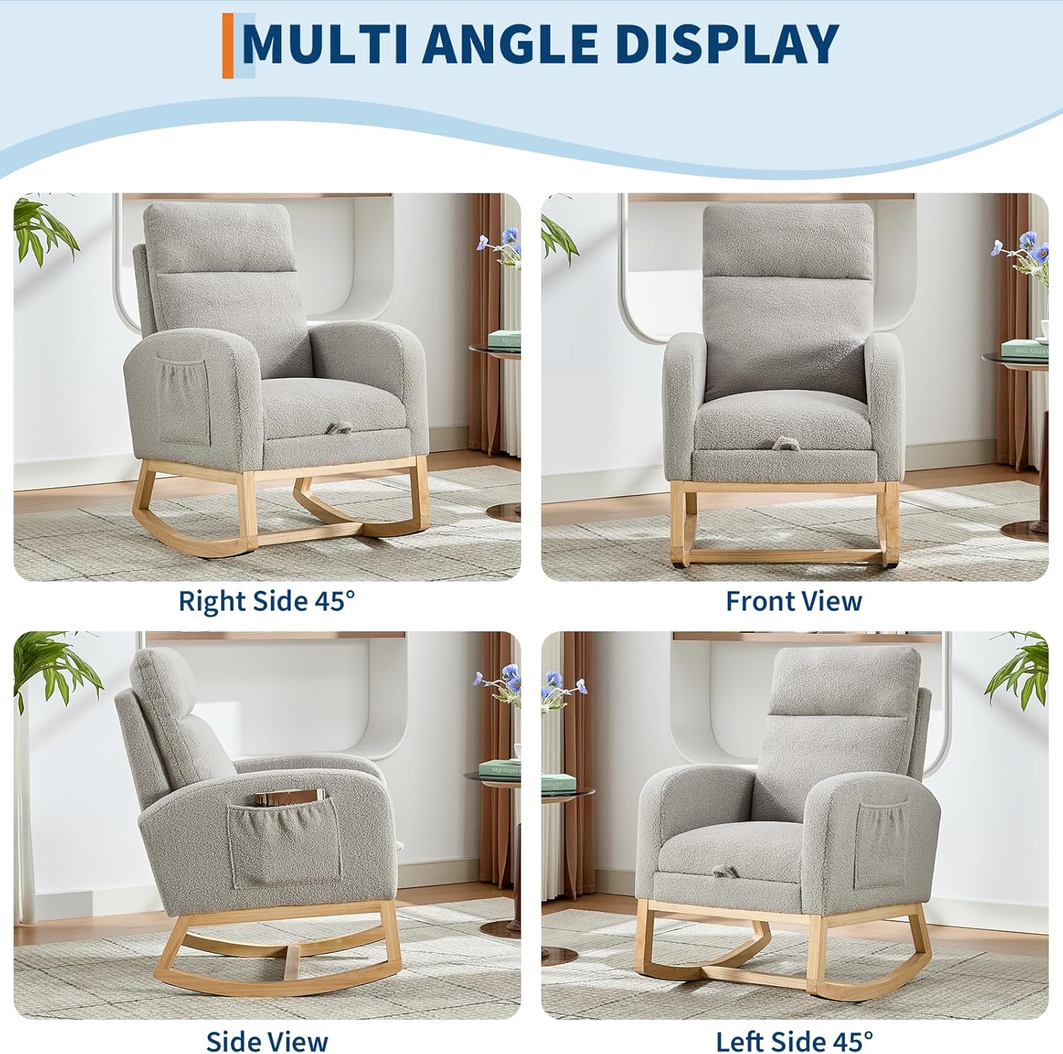 Rocking Chair Nursery with Foot Rest, Modern PU Upholstered Reading Glider Rocker Accent Armchair with High Backrest, Padded Seat, Side Pocket, for LivingRoom, Bedroom, Baby Room