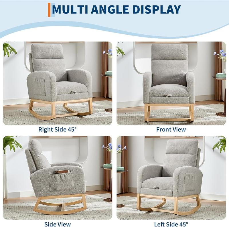 Rocking Chair Nursery with Foot Rest, Modern PU Upholstered Reading Glider Rocker Accent Armchair with High Backrest, Padded Seat, Side Pocket, for LivingRoom, Bedroom, Baby Room