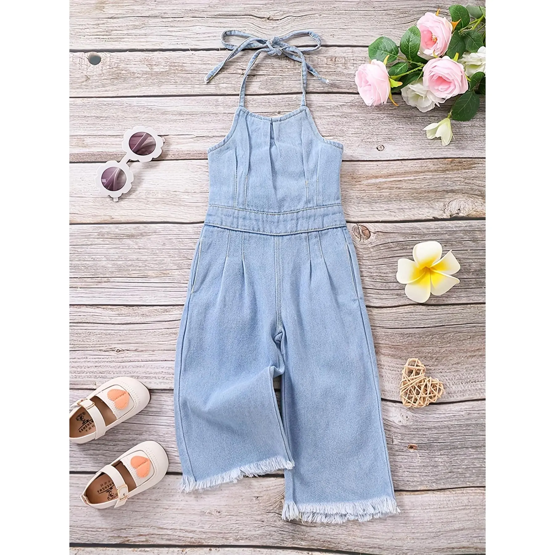 Girls' Hollow-Out Back Tie Neck Denim Jumpsuit, Perfect for Outdoor