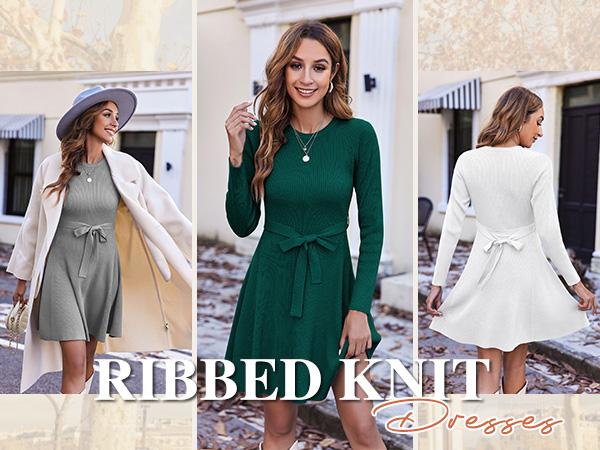 HOTOUCH Women's Long Sleeve Dress Crewneck Pullover Sweaters A-Line Casual Swing Dress Bodycon Dress with Belt Fall&Winter New Arrivals