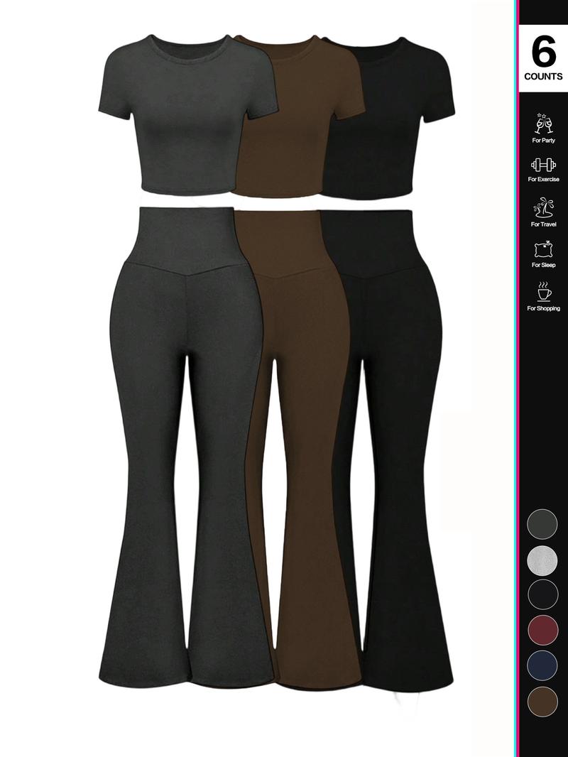 Women's Solid Loungewear Set, Casual Short Sleeve Crop Top & High Waist Flare Leg Pants, Ladies Sleepwear for All Seasons, Pajama Set