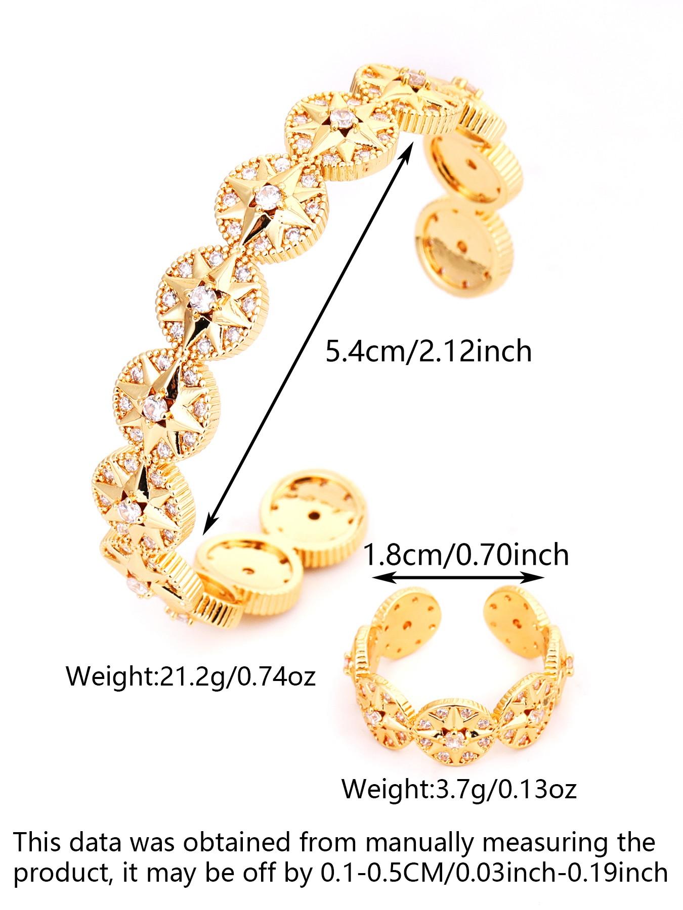 Bangle & Ring Set for Women, Luxury Starburst Cubic Zirconia Open Cuff Bracelet, Gold/Silver 2 Colors Optional, Elegant Jewelry for Office, Commute, Party & Prom