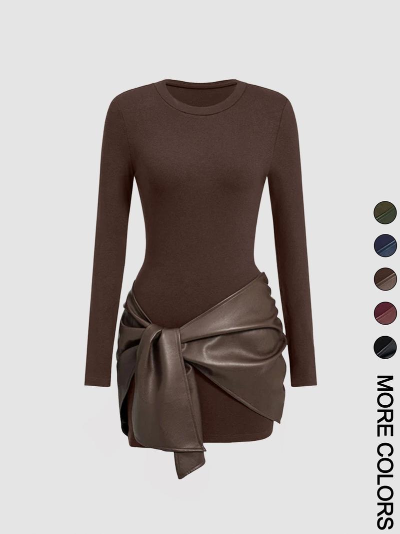 Women's Patchwork Knot Side Dress, Casual Fashion Long Sleeve Dress for Daily Wear, Ladies Clothes for All Seasons, Womenswear Women's Patchwork Knot Side Dress, Casual Fashion Long Sleeve Dress for Daily Wear, Ladies Clothes for All Seasons, Womenswear