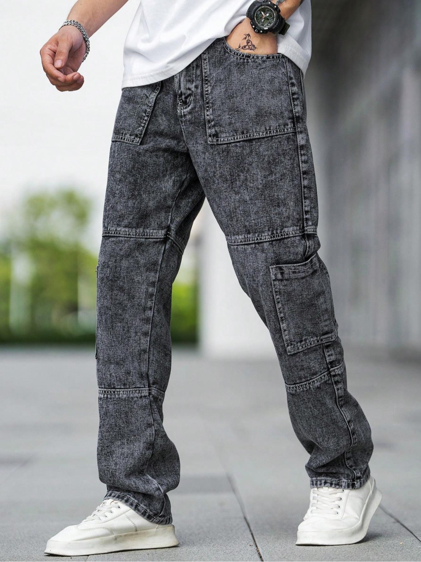 Men's Casual Loose Fit Multi-Pocket Workwear Straight Leg Denim Jeans, Deep Patchwork Street Style Long Pants, All Season Wear