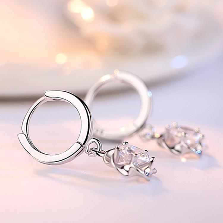 Silver Tone Purple CZ Flower Drop Earrings, Huggie Hoop Earrings with Floral Charm, Elegant Daily Jewelry for Women