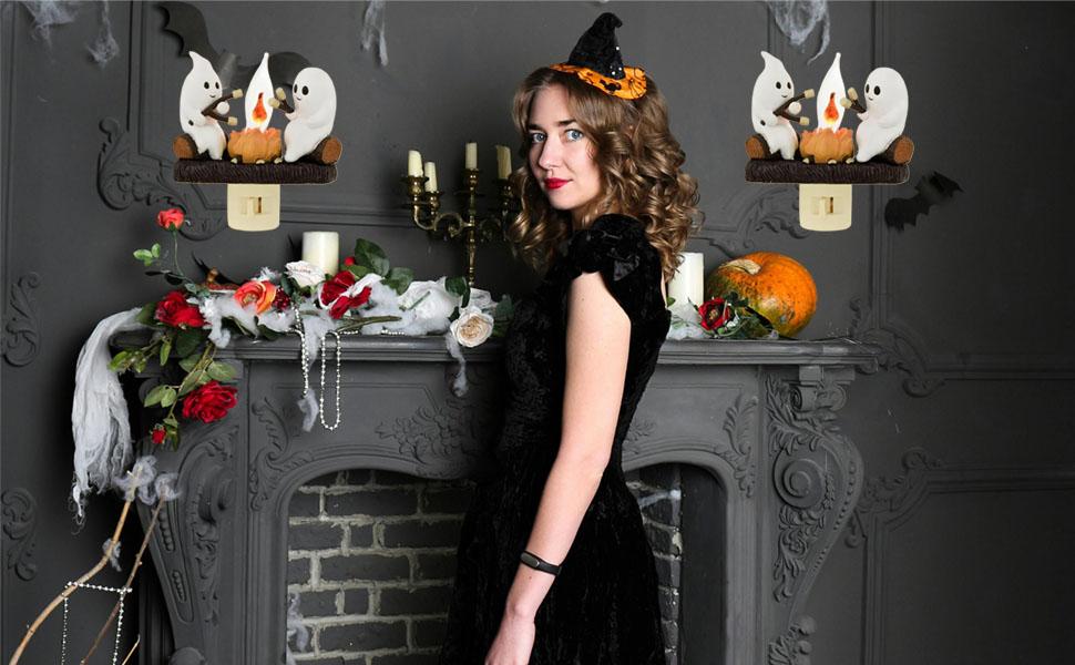 Ghosts Campfire Night Light, Wireless Led Plug in Wall Sconces Flicker Flame Figurine Lamps Halloween Decorations Indoor for Family, Party, Room, Kitchen (1pcs)