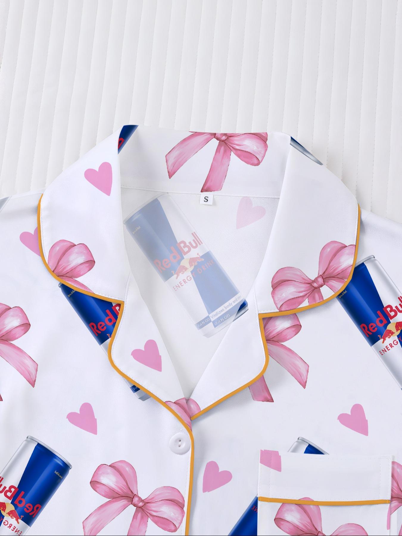 Women's Heart & Bow Print Sleepwear Set, Short Sleeve Button-Up Top & Elastic-Waist Shorts, Casual Loungewear for Home and Pajama Parties