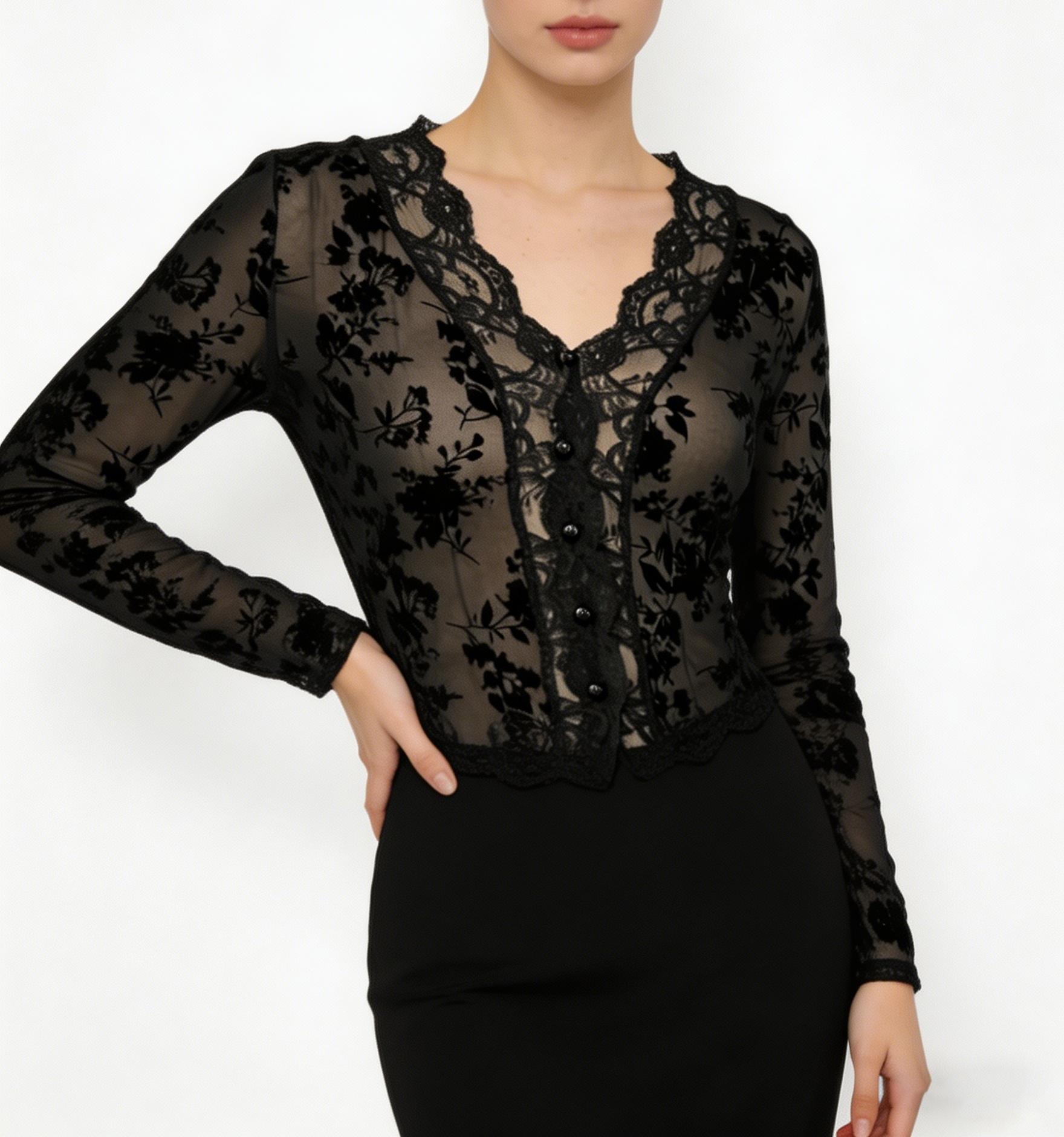 2026 Fashion Floral Mesh Top, Dark Sexy Aesthetic, Spring & Fall Y2K Style, Geometric Pattern, Fitted Design, Women's Clothing