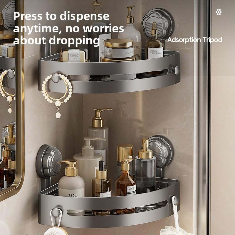 2-3-Pack Gun Gray ABS Triangular Suction Cup Shower Caddy 3-Tier Corner Shelves No Drilling Bathroom Organizer 40lbs Load Capacity Towels Hook Toiletries Storage Rack