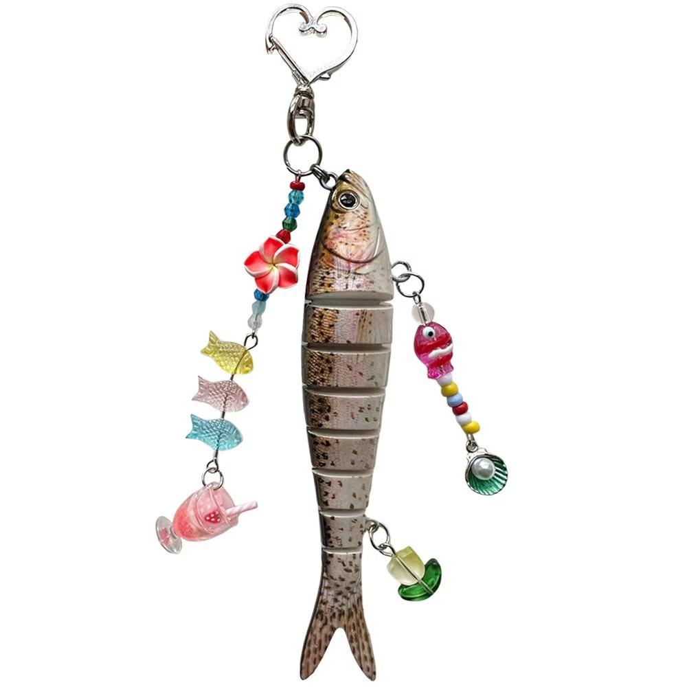 Novelty Fish Keychain, Fishing Enthusiasts Creative Bait Keychain, Jointed Design Fish Keyring with Beaded Charm, Realistic Lure Keychain for Bag Backpack, Good Luck Aesthetic Fish bag Pendant Trinket, Kawaii Keychain Style Accessory
