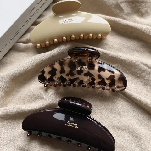 3pcs Women's 9.2cm/3.62in White, Brown & Leopard Print Oval Lightweight Plastic Hair Claw, Fashion Versatile Solid & Pattern Hair Clips, Suitable for Daily Outings, Casual Parties, Beach Vacations, Decorative Hair Clips