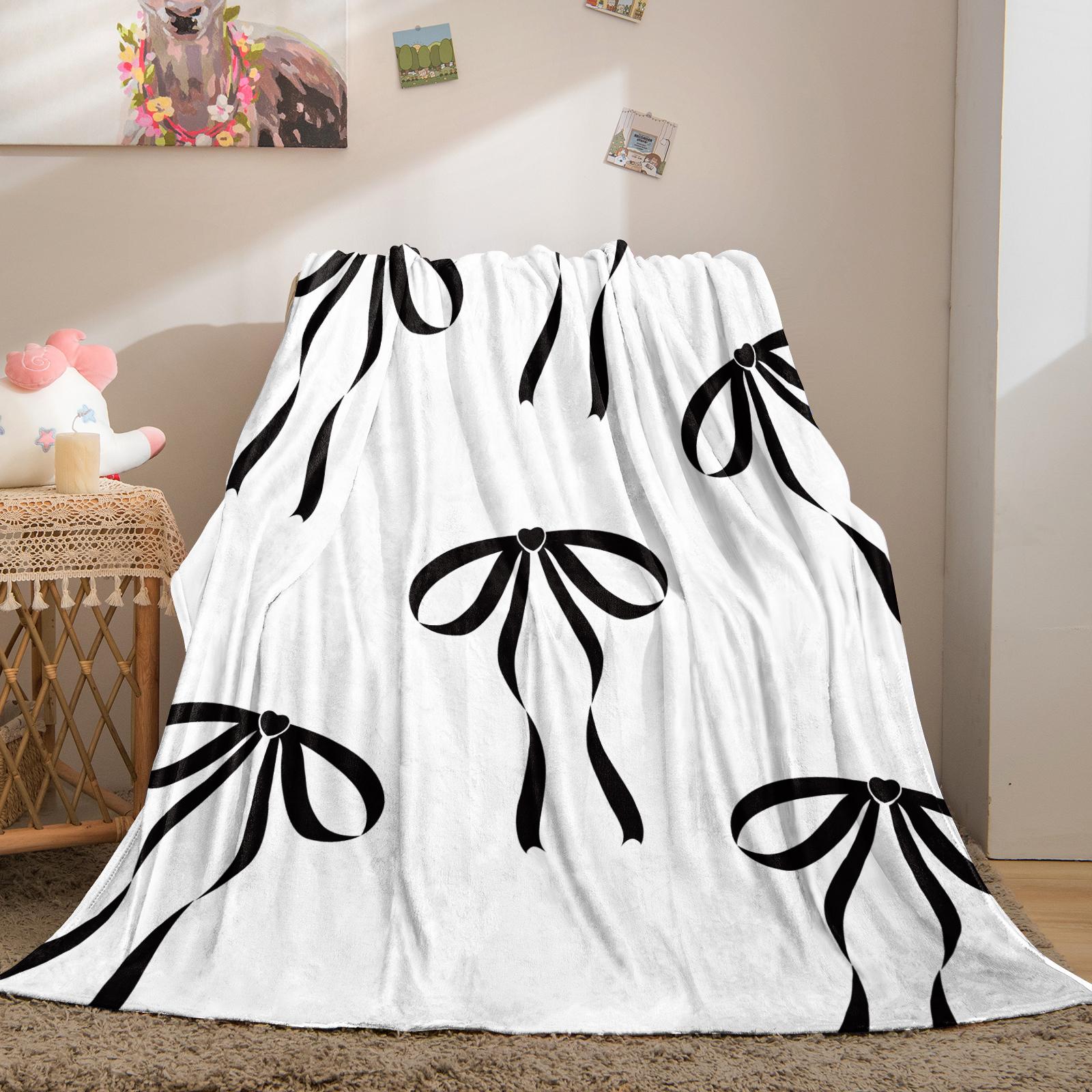Cute Bow Knot Throw Blanket, Kawaii Pastel Ribbon Soft Flannel Blanket for Sofa Bed, Cozy Gift for Girls Women