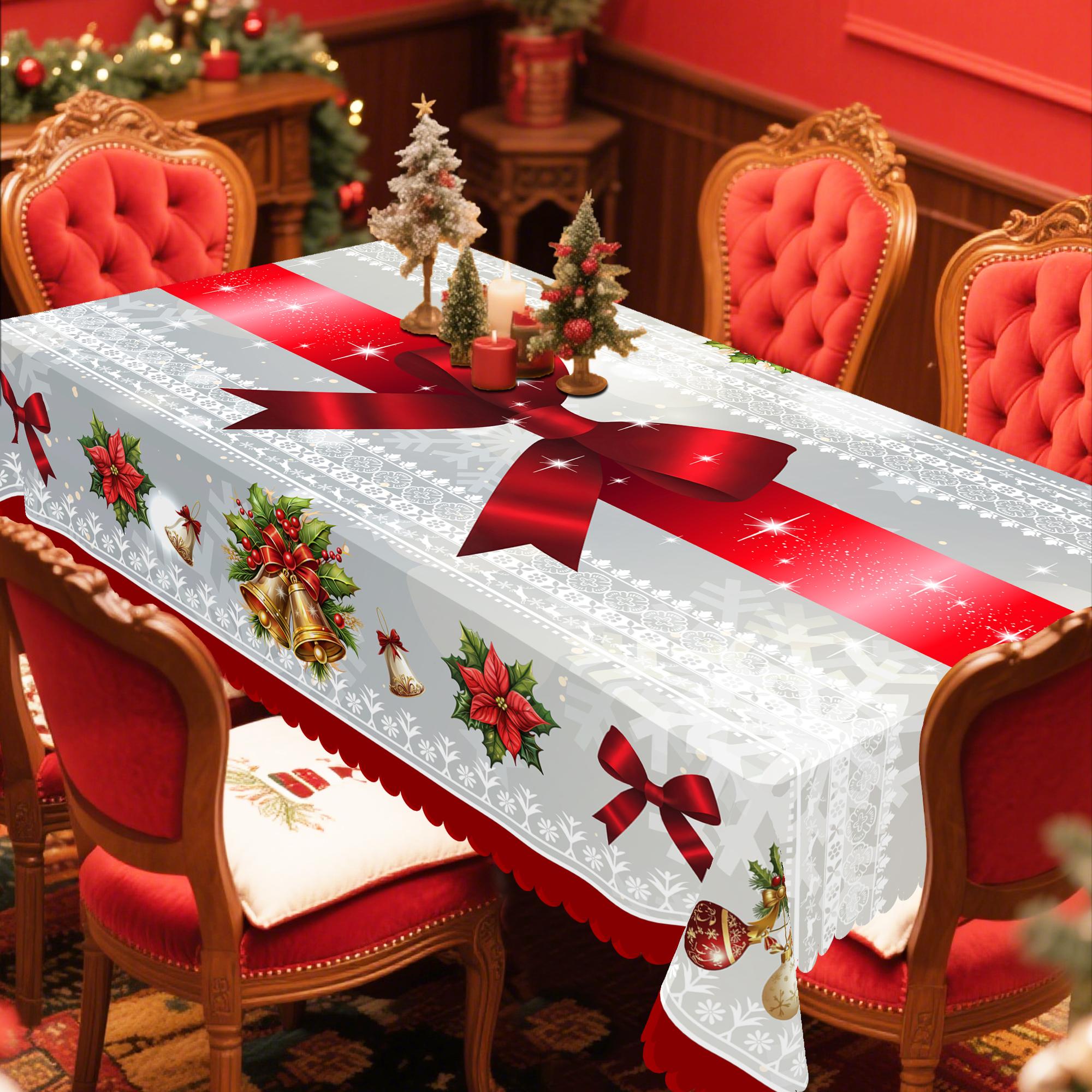 1pc, Christmas Themed Print Tablecloth - Rectangle Table Cover with New Year Christmas Snowflake, manteles de tela para fiesta, Xmas Decor, Holiday Party Indoor Dining Decor, Round Table Cloth, Christmas Party, Festive Home Kitchen Accessory Gift