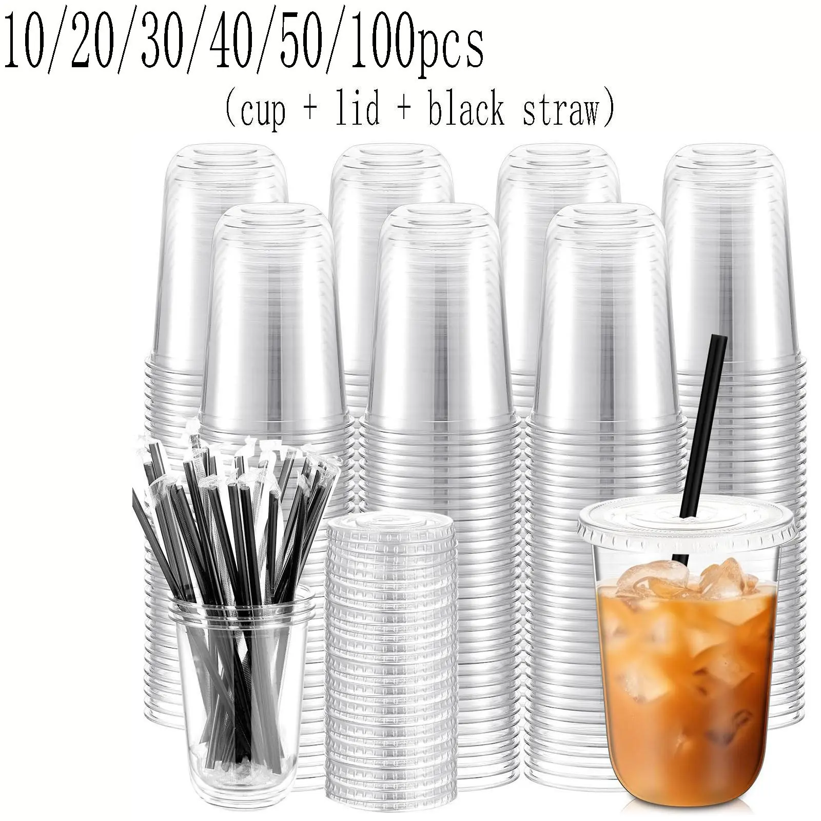 10/20/30/40/50/100pcs Transparent Plastic Cups with Lids and Straws, Ice Coffee Pet Cups for Cold Drinks, Juice, Smoothies, Parties