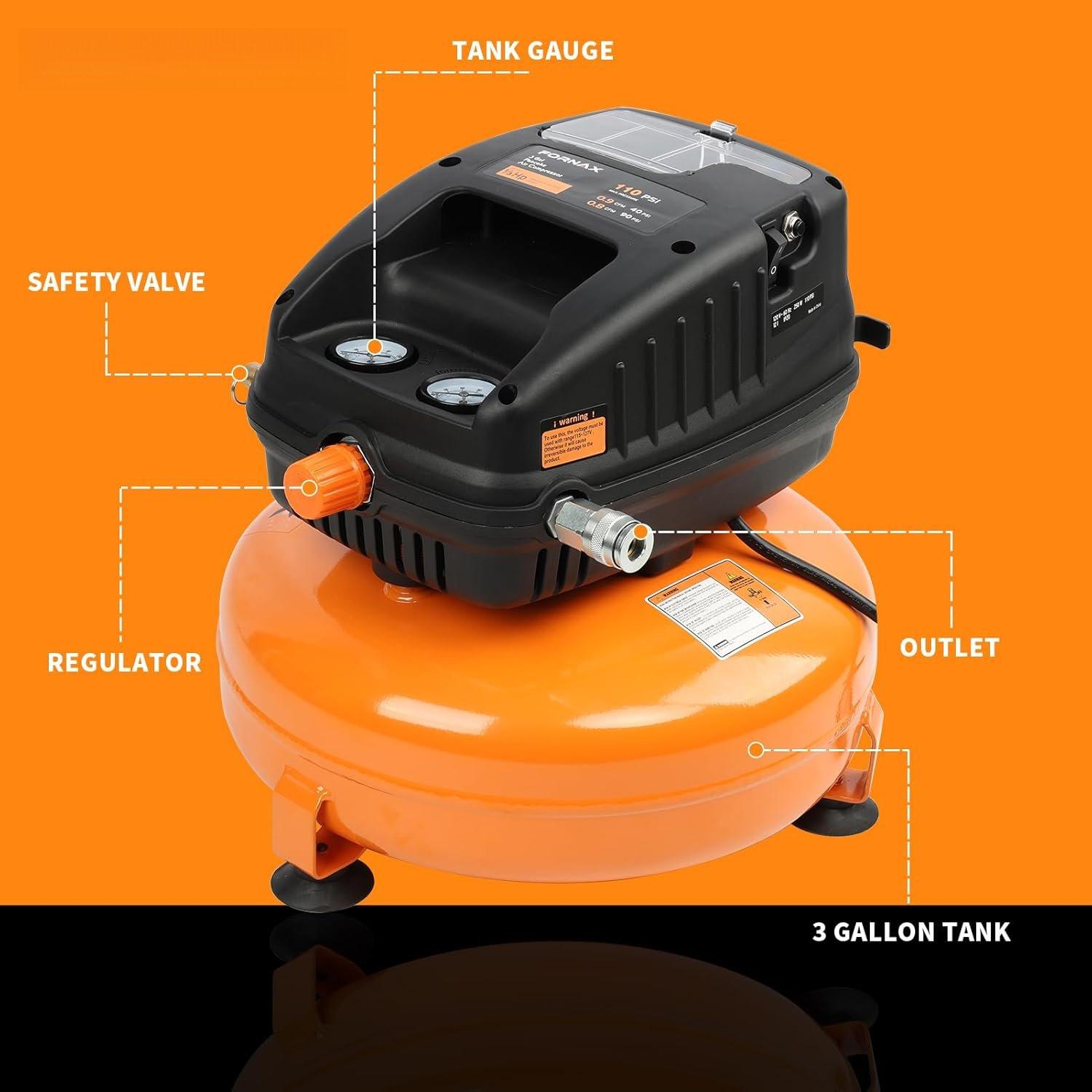 Pancake Air Compressor, 3 Gallon, 110 PSI Portable Air Compressor, Oil Free Kits Pancake Air Compressor, 3 Gallon, 110 PSI Portable Air Compressor, Oil Free Kits