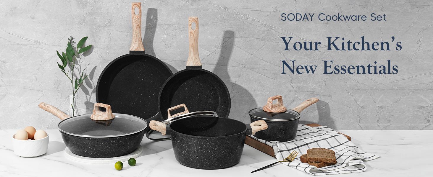 SODAY 12 Pcs Pots and Pans Set Non Stick Kitchen Cookware Sets Nonstick Induction Cookware Black Granite Cooking Set with Frying Pans, Saucepans, Silicone Shovel Spoon & Tongs (NO PFOS, PFOA) dealsforyoudays cookware