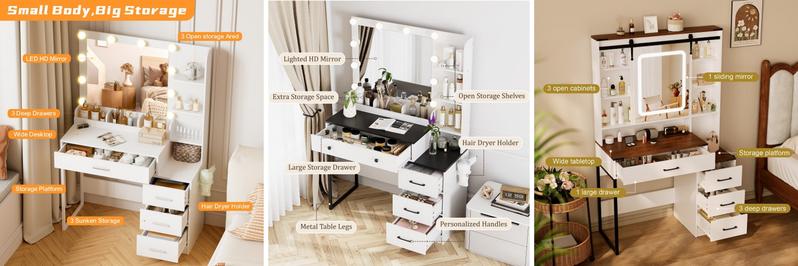 【Valentine's Day gift】Makeup Vanity Desk with Mirror & Lights | 4 Drawers & 3 Storage Shelves | Adjustable Tri-Color LED Light, Charging Station & Hair Dryer Stand Modern Furniture