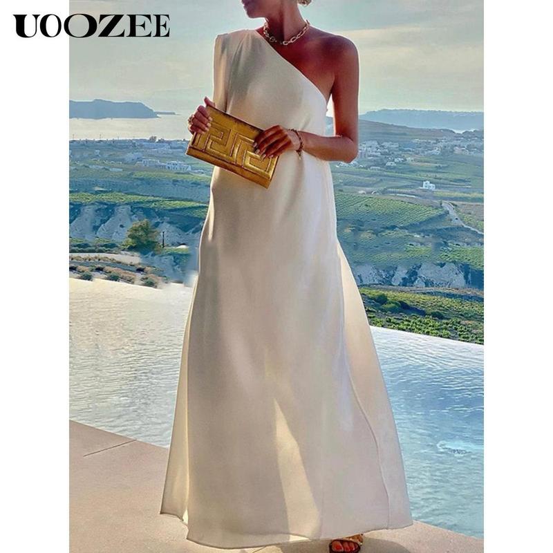 UOOZEE Women's Casual Loose Asymmetric Solid Color Split-Joint One-Shoulder Maxi Dresses, Party, Holiday Elegant Style, Chiffon Fabric, birthday outfit One Size Up Recommended for C - Cup and Above
