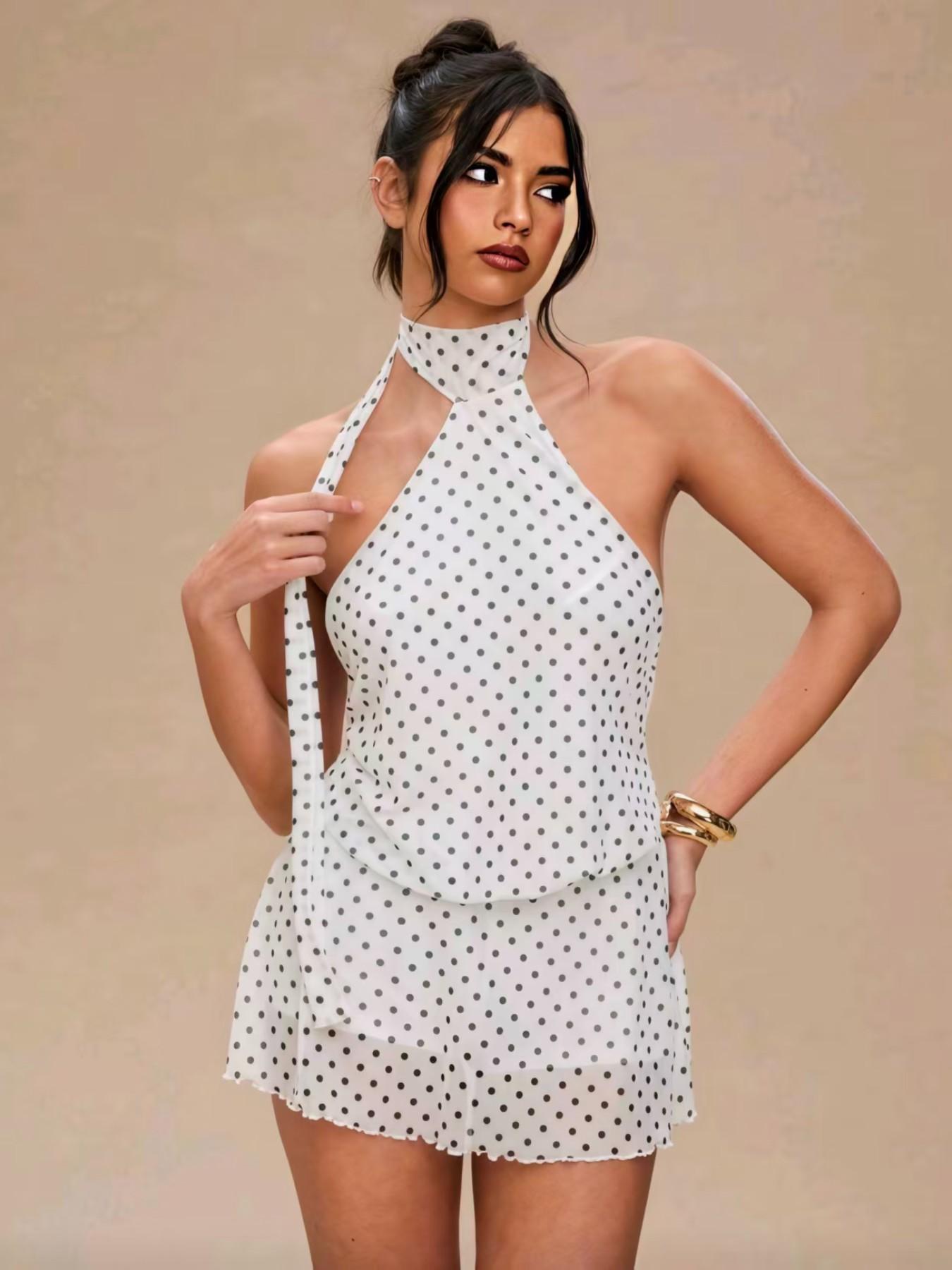 Holiday Polka Dot Print Fashion Strap Mini Dress, Perfect for Dates Vacation Party, Summer Dress Sy1025