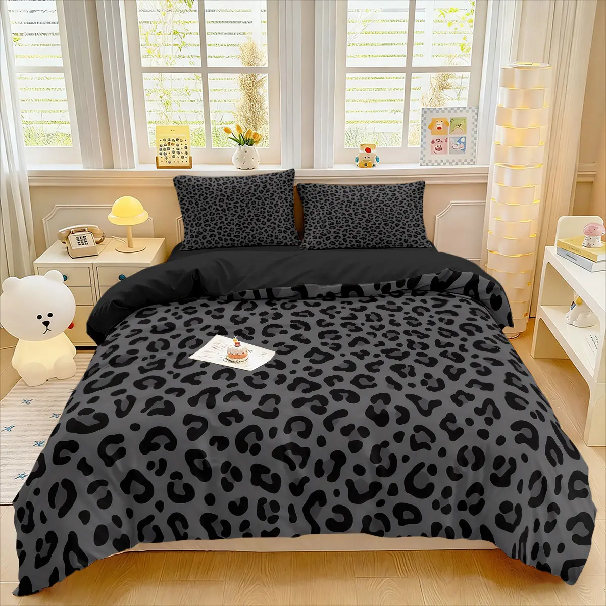 3-piece quilt cover set (1 quilt cover +2 pillowcases, coreless), gray and black leopard print trend theme black leopard print element print soft and comfortable bedding, suitable for all rooms