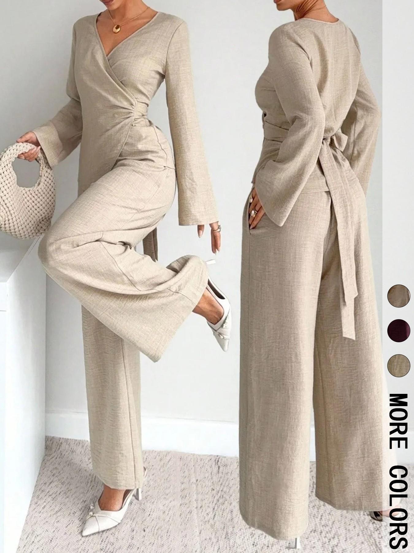 Elegant Women's 2-Piece Set Suits, Plain Color Layered Neck Crop Shirt with Bell Sleeve, Long Pants, Fall Winter for Parties