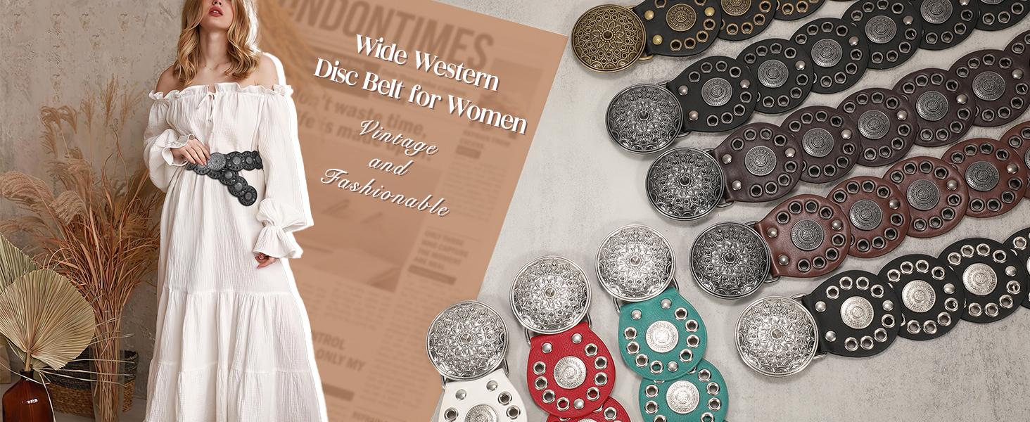 SUOSDEY chunky belt vibes Western Belts for Women Vintage Disc Waist Belts Concho Leather Belts Boho Waist Belt for Dress Jeans