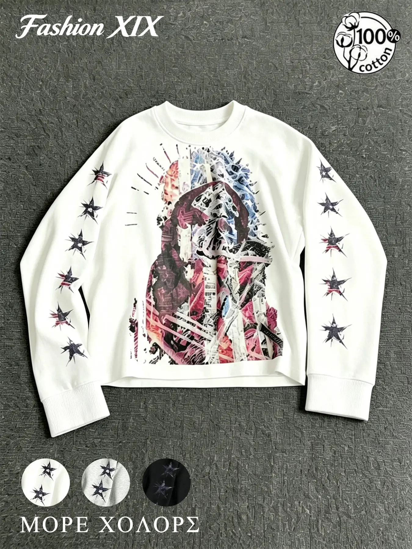 Men Women Rare Aesthetic Vintage Graffiti Virgin Mary Print Crewneck Sweatshirt, All Season Oversized Long Sleeve Star Graphic Pullover, Casual Daily Streetwear Hip Hop Loose Fit Crew Neck Top For Party Outdoor