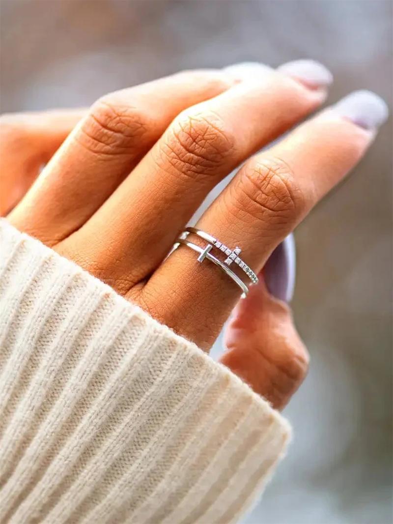 Rhinestone Decor Cross Design Double Layered Ring, Stackable Rings, Fashion Jewelry Accessories for Women & Girls, Matching Jewelry
