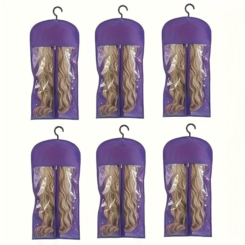 The wig storage bag is suitable for multiple wig stands and includes hangers for organizing wigs and hair extensions. It comes with 6 storage bags and 6 wig hooks.