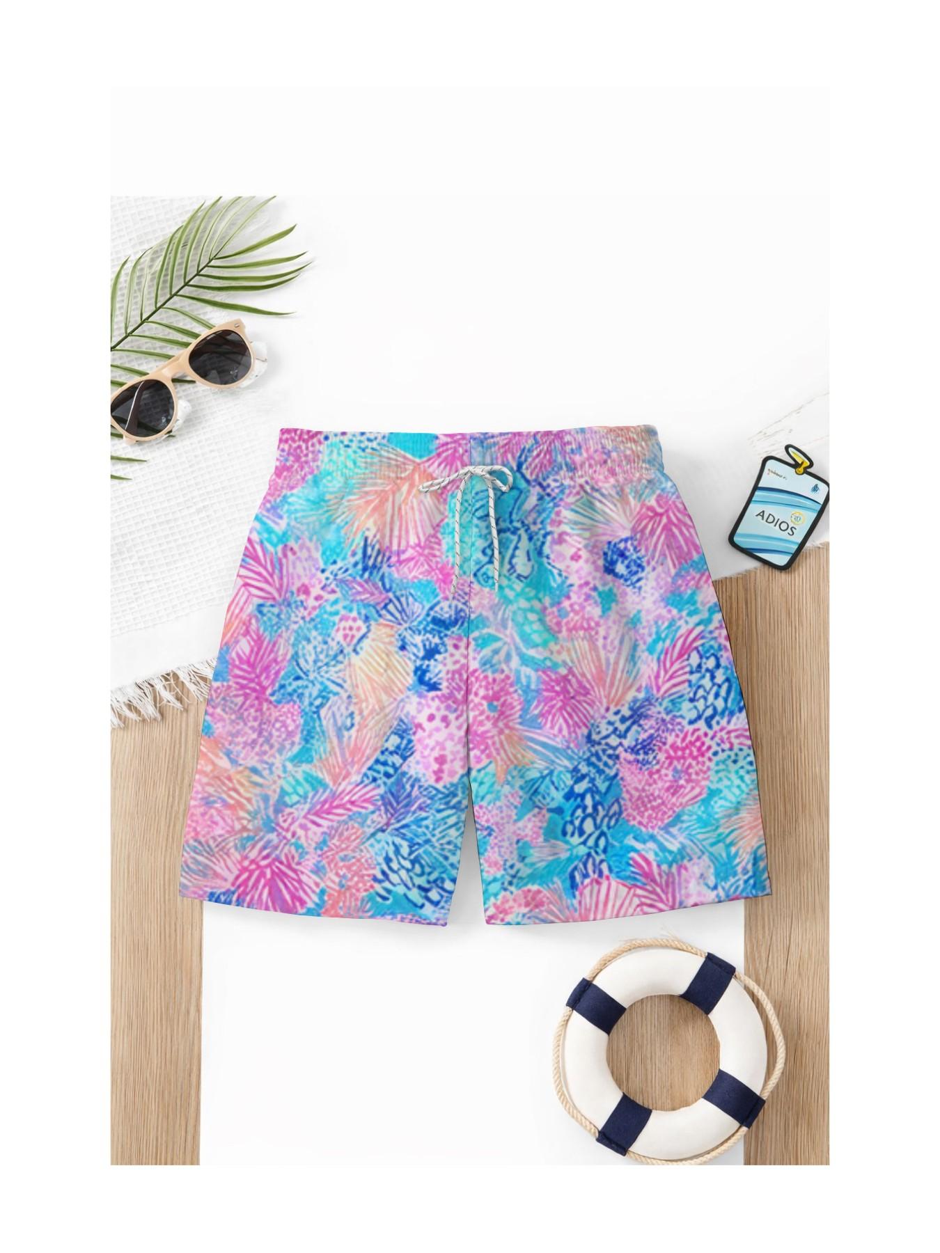 Summer Kids Dreamy Blue Tropical Plant Print Drawstring Beach Pants, Boys Loose Fit Coastal Vacation Swim Shorts, Casual Slim-Fitting Style