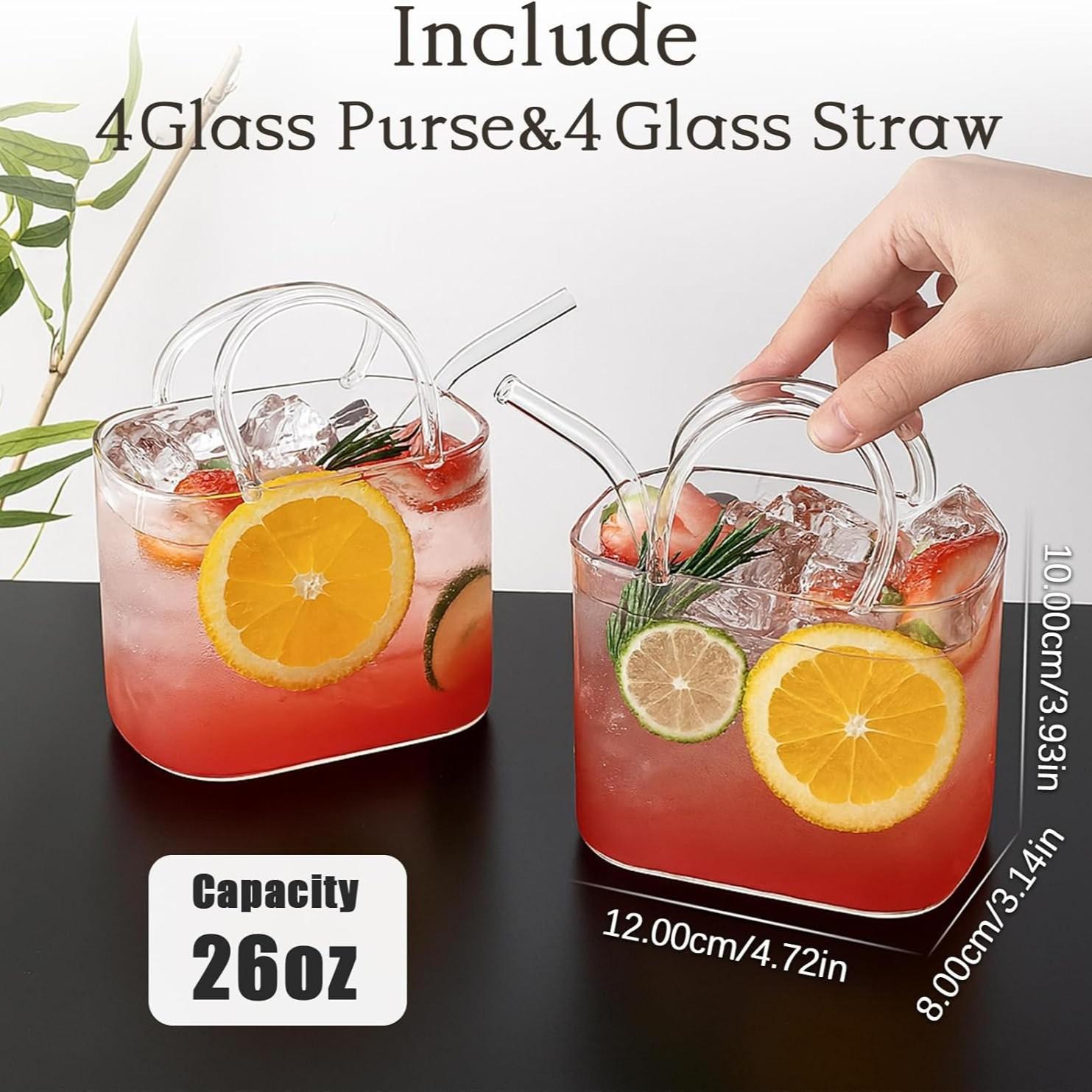 Glass Handbag Shape Cocktail Cup, Unique Handle and Straw Wine Glass Vase, Room Decor Juice Afternoon Tea Flower Picnic Cup