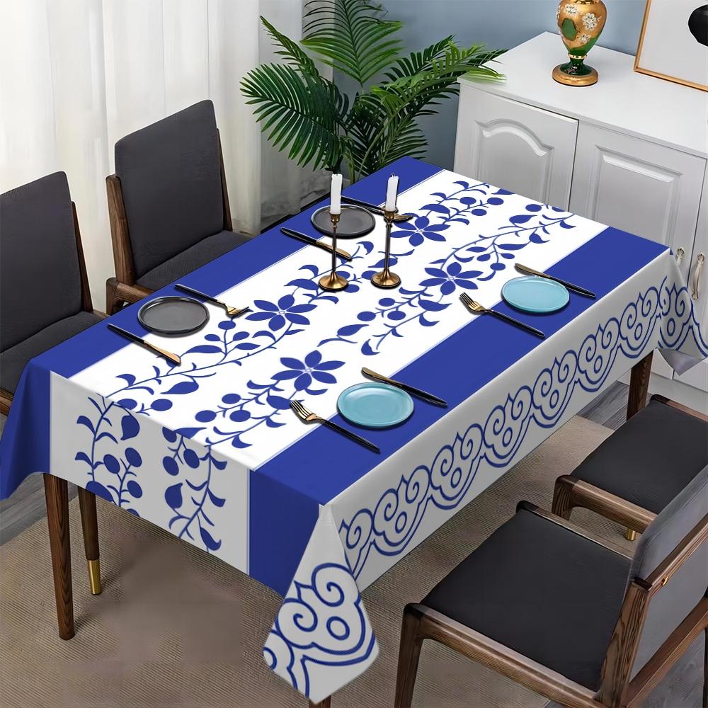 JIT 1pc 2D flat modern blue floral pattern rectangular tablecloth for dining table, kitchen, living room, and dining room, kitchen accessory, party, room & outdoor decorative tablecloth, a tablecloth gift for friends