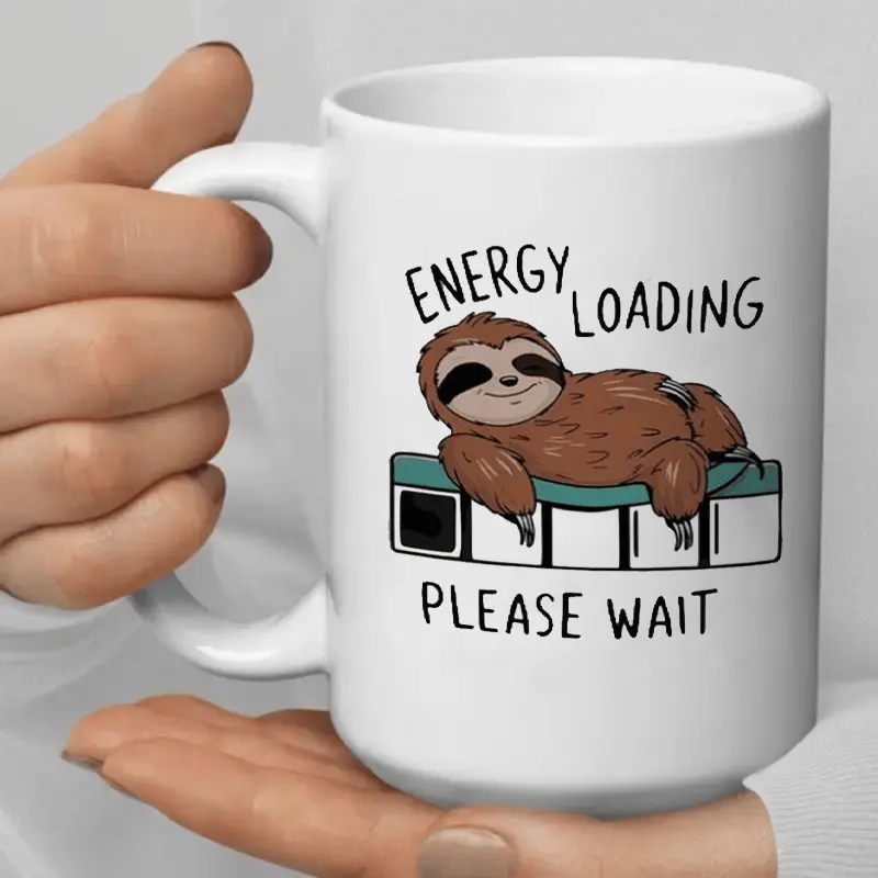 1pc 11oz Ceramic Mug with Funny Sloth "Energy Loading, Please Wait" Design - Microwave & Dishwasher Safe, Reusable Coffee Cup for Office & Home Use, Perfect Gift for Coffee Lovers