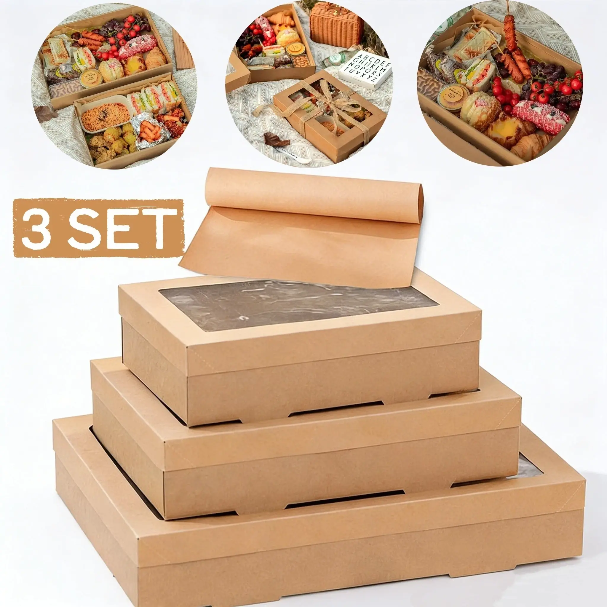 Set of 3 Sizes (large & Medium & Small), Picnic Cardboard Pastry Boxes ...