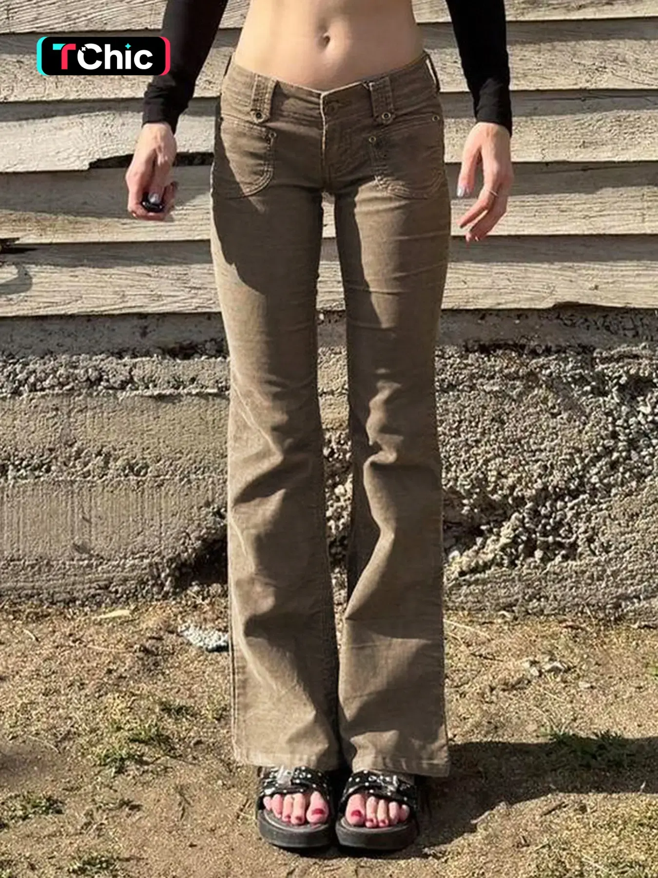 Vintage Plain Corduroy Low Waist Micro Flare Pants, Bottom Pants Trouser, Bottoms With Pockets, Women's Streetwear Workwear Style, Dual Pockets, Slim Fit, Fall Winter New Arrival