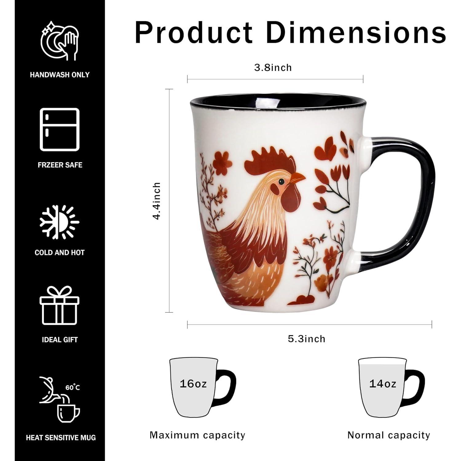 Chicken Mug - 16oz  Heat  Cup, Rooster  Mugs for Kitchen, Novelty Coffee Mugs for Women, Chicken Themed Gifts for Christmas