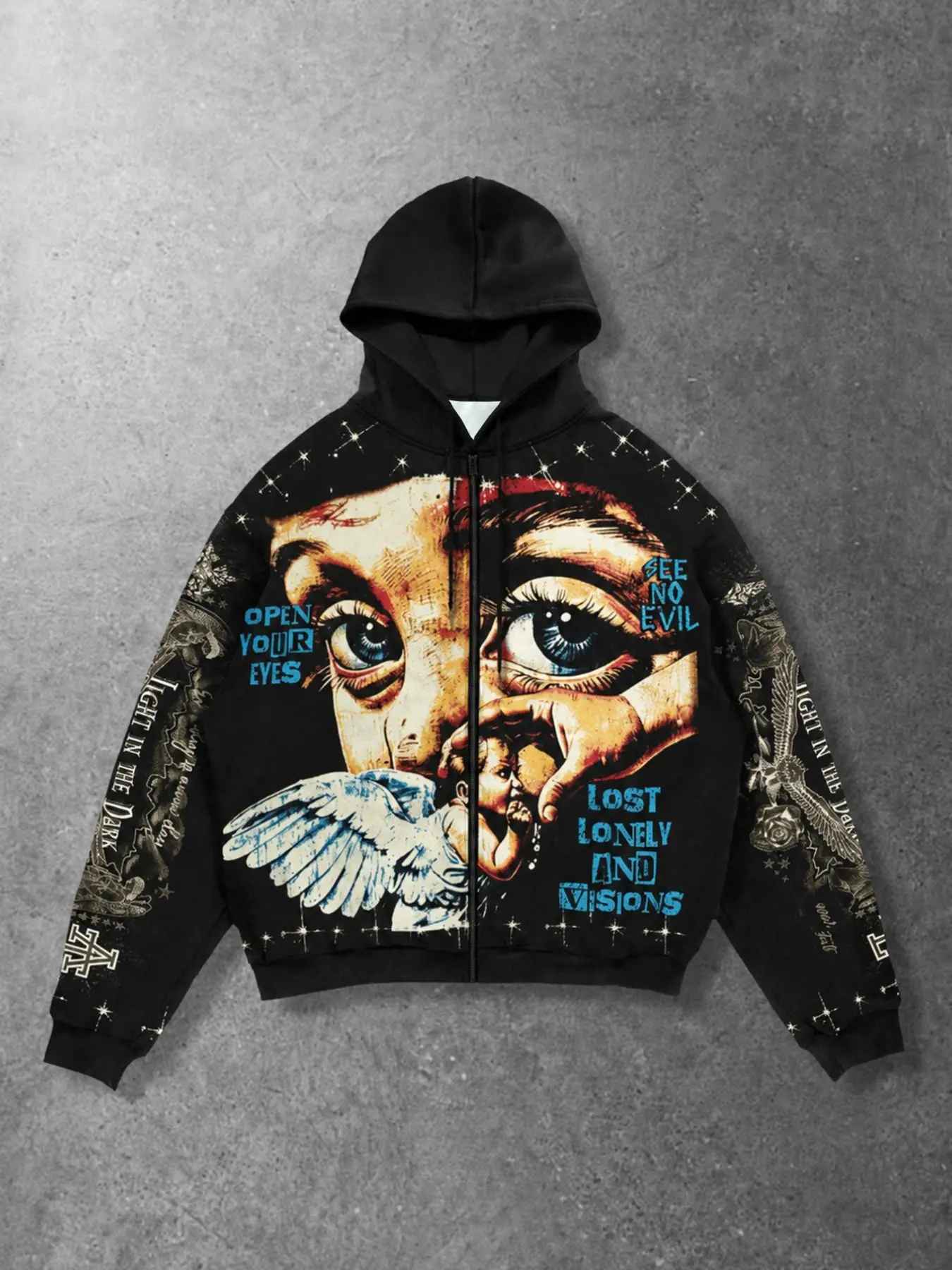 Aesthetic Oversized Zip-Up Hoodie Full Print Vintage Gothic Angel Streetwear Unisex Heavyweight Sweatshirt Jacket Outerwear for Autumn Winter Night Out