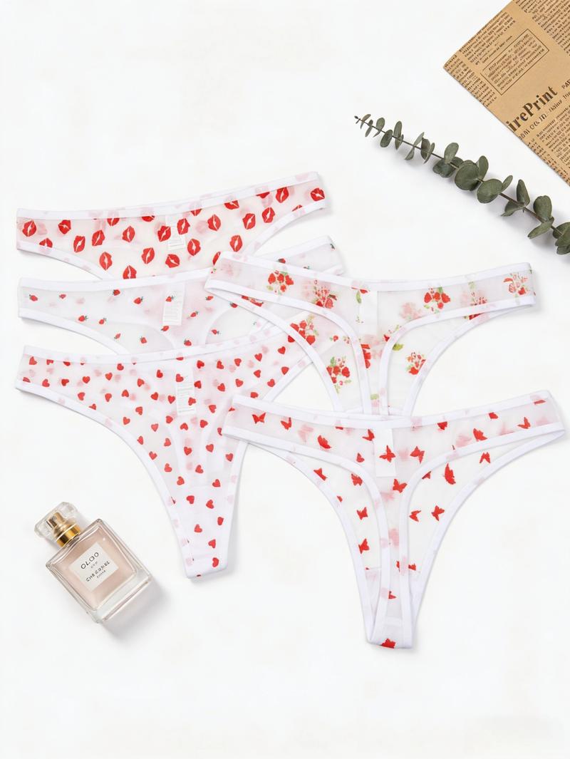 Sexy low-waisted triangle pants for ladies, white heart-shaped printed comfortable hip-hugging bikini style, lip-printed thong pants