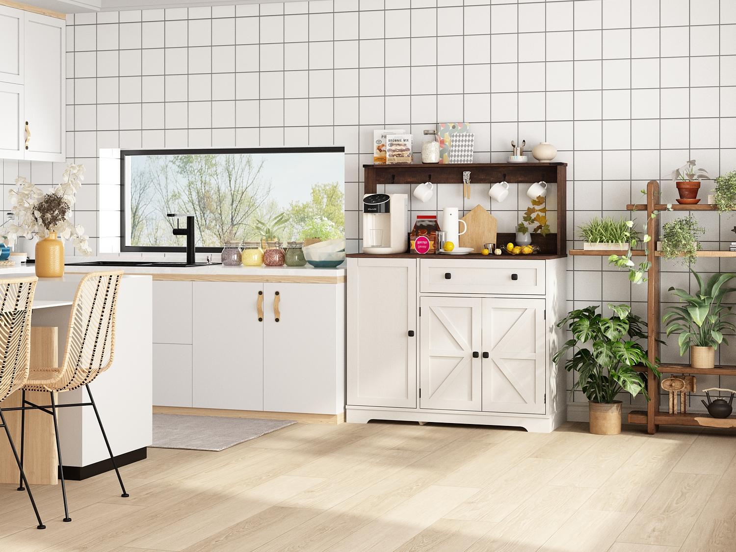 PieDle 39" Rustic Coffee Bar Cabinet with Drawer, Charging Station & Adjustable Shelves, Kitchen Hutch Sideboard for Dining Room Storage