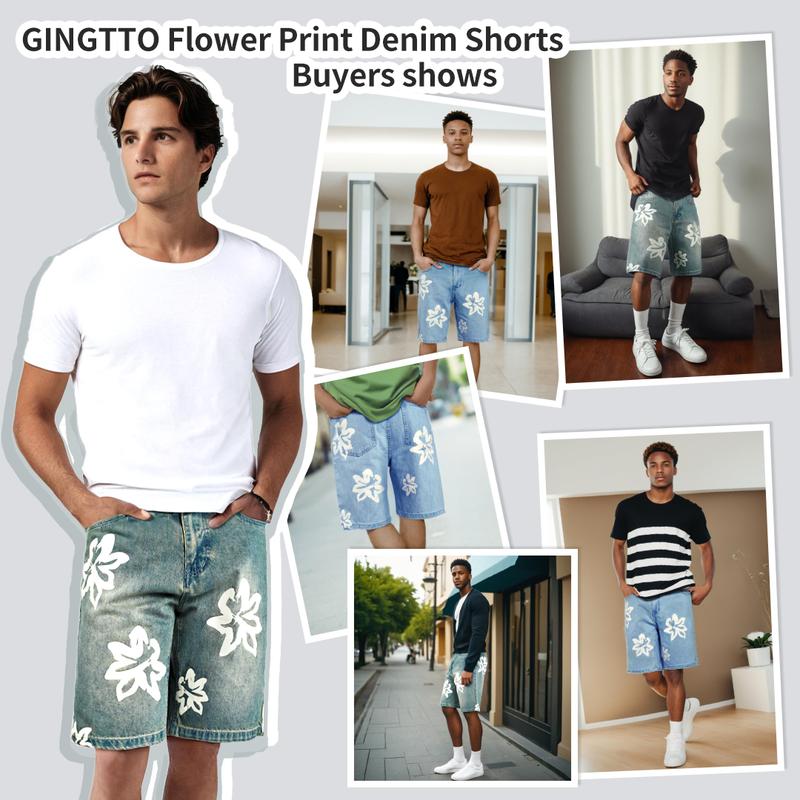 GINGTTO Men's Baggy Denim Shorts Printing Street Hip Hop Shorts Jeans Jorts Men Essentials New Shorts