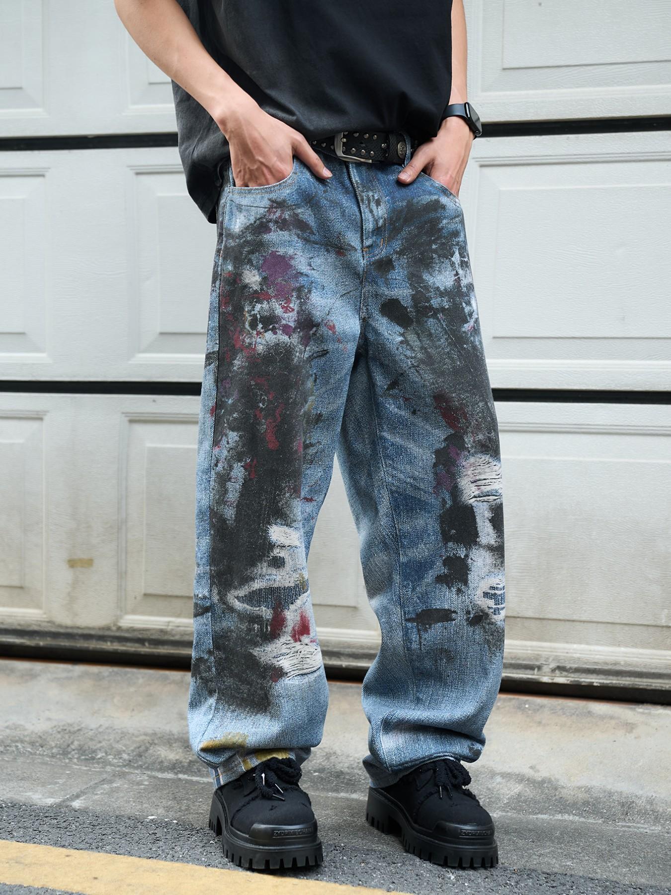 Men's 3D Printed Jeans Y2K Graffiti Denim Jeans, Loose Fit Wide Leg Vintage Washed Jeans, All Seasons Streetwear