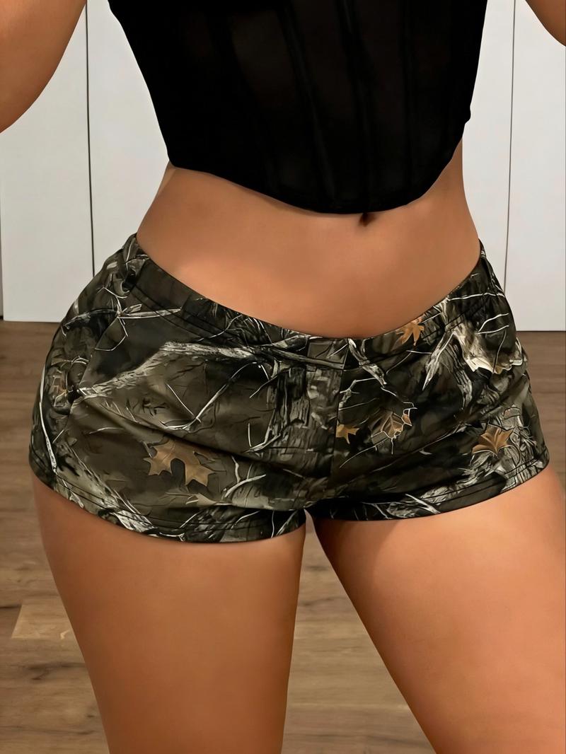 Women's Casual Slim Fit Shorts, Elastic Waist All-Over Camo Pattern, Fashionable Versatile Ladies' Bottoms, Comfortable Daily Wear