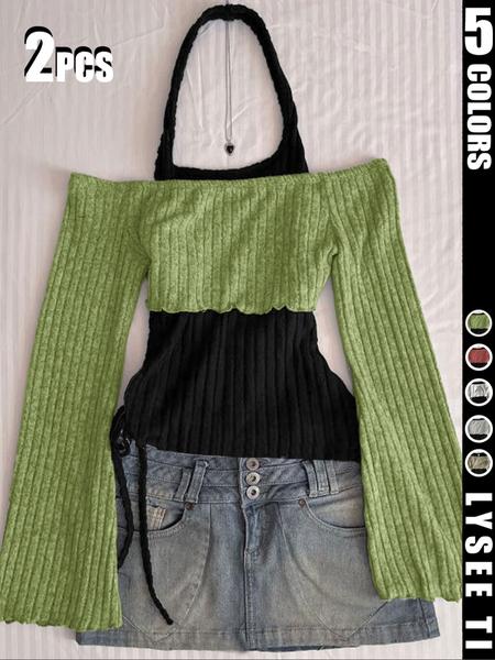 2PCS Fashion casual women's contrasting neck hanging solid color top two-piece set