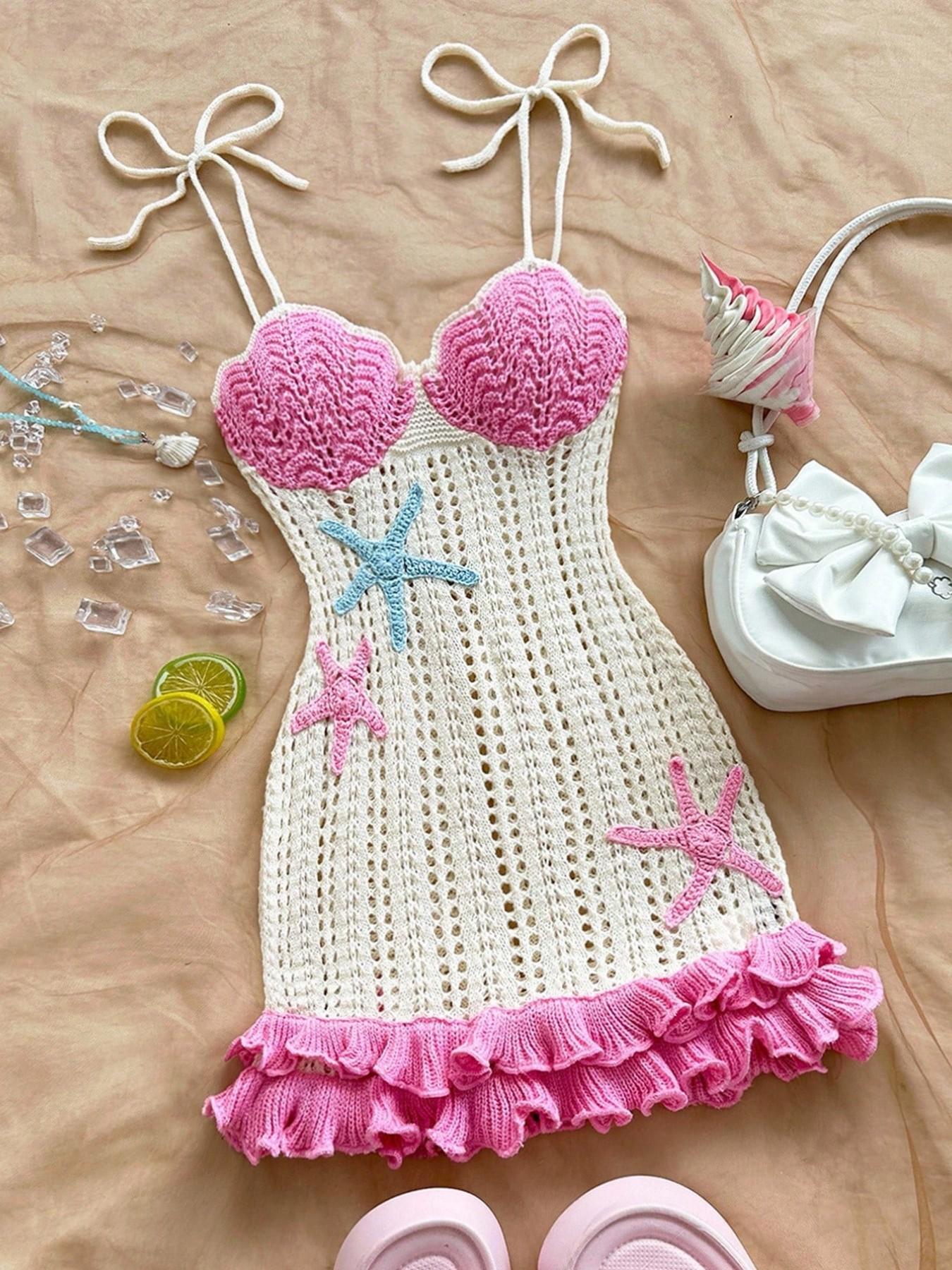 Summer Beach Crochet Dress For Women, Hollow Out Knitted Mini Dress With Starfish Embroidery, Pink Ruffle Summer Beach Crochet Dress For Women, Hollow Out Knitted Mini Dress With Starfish Embroidery, Pink Ruffle