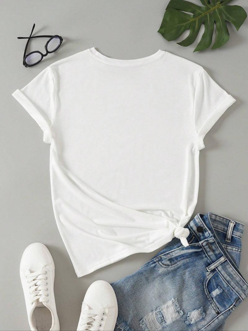 Women's Letter & Cowboy Print Drop Shoulder Tee, Casual Half Sleeve Round Neck T-shirt for Daily Wear, Ladies Clothes for All Seasons, Womenswear
