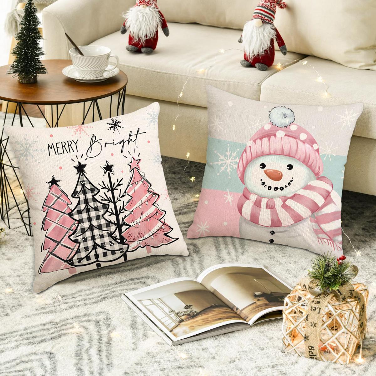 4pcs Christmas Pillow Cover, Santa Claus, Christmas Tree Snowman Pattern Single sided Printed Cushion Cover, Suitable for Christmas Bedroom, Living Room, Sofa, Farmhouse, Bed, Car Decoration Cushion Pillow Cover (No Pillow Core)
