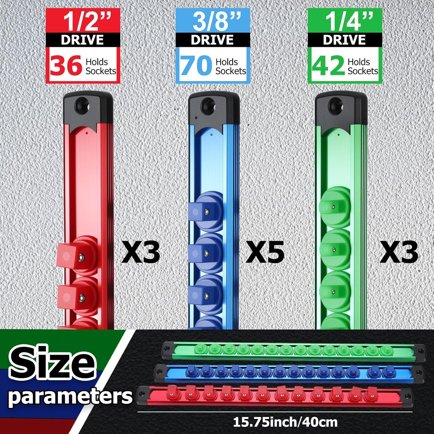 11 count  Socket Organizer Set, 1/2", 1/4", 3/8"  Socket Rail for Tool Box Drawer, Socket Holder  with 148 count Standard Size for Automotive Garage