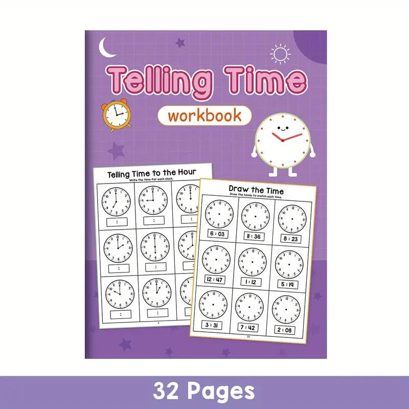 Elementary Time Practice Book, 32 Pages Math Learning Workbook with Colorful Clocks, Numbers & Letters, Home School Classroom Use
