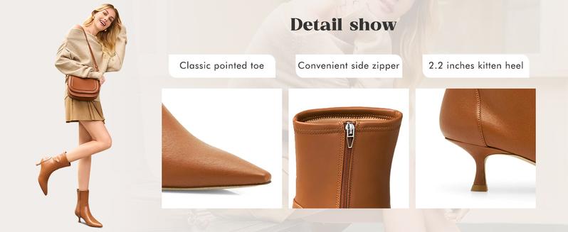 Coutgo Womens Low Kitten Heel Ankle Boots Pointed Toe Booties Side Zipper Fall Shoes